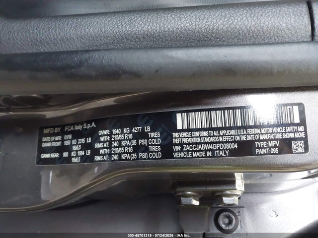 45701319 :رقم المزاد ، ZACCJABW4GPD08004 vin ، 2016 Jeep Renegade Latitude مزاد بيع
