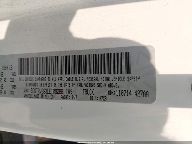 45701349 :رقم المزاد ، 3C6TRVBG3LE109288 vin ، 2020 Ram Promaster 1500 High Roof 136 Wb مزاد بيع