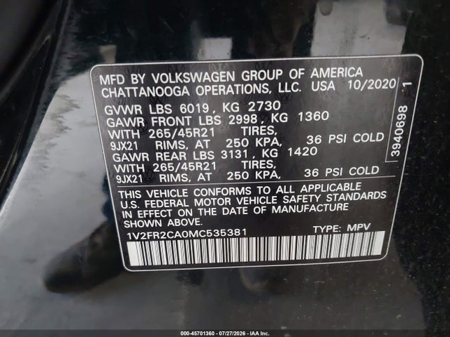 Продаж на аукціоні авто 2021 Volkswagen Atlas 3.6l V6 Sel Premium R-line, vin: 1V2FR2CA0MC535381, номер лоту: 45701360