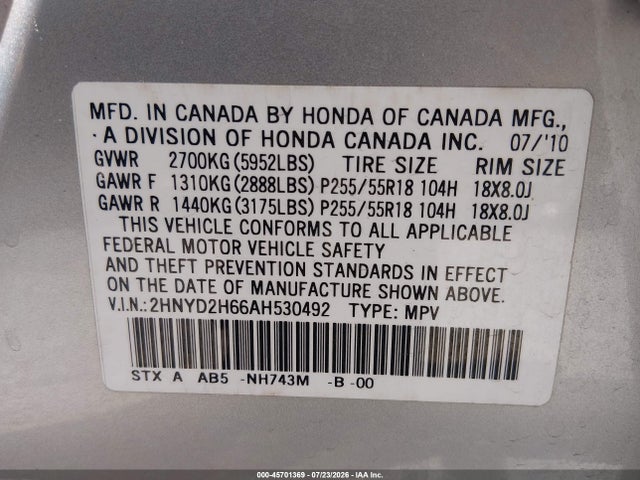 45701369 :رقم المزاد ، 2HNYD2H66AH530492 vin ، 2010 Acura Mdx Technology Package مزاد بيع