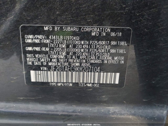 45701373 :رقم المزاد ، JF2GTAEC9KH207104 vin ، 2019 Subaru Crosstrek 2.0i Premium مزاد بيع