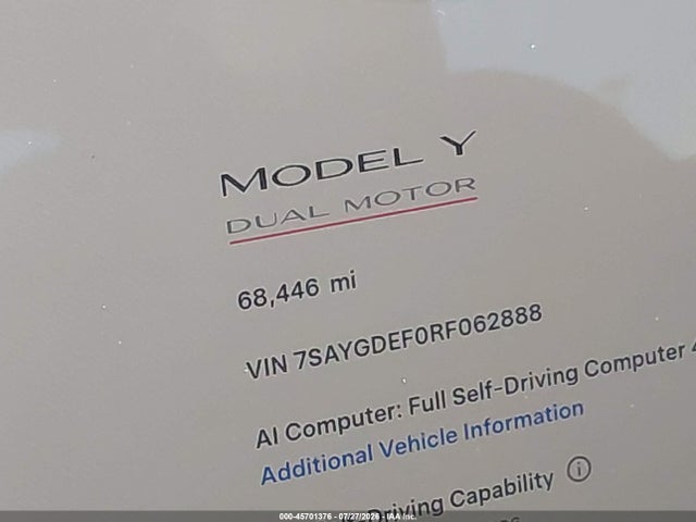Auction sale of the 2024 Tesla Model Y Performance Dual Motor All-wheel Drive, vin: 7SAYGDEF0RF062888, lot number: 45701376