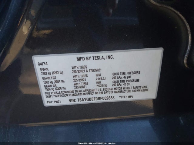 Auction sale of the 2024 Tesla Model Y Performance Dual Motor All-wheel Drive, vin: 7SAYGDEF0RF062888, lot number: 45701376