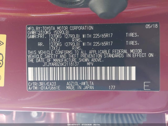 Aukcja sprzedaży 2019 Lexus Nx 300, vin: JTJYARBZ6K2118137, numer aukcji: 45701377