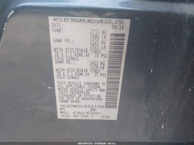 Продажа на аукционе авто 2014 Nissan Pathfinder Platinum/s/sl/sv, vin: 5N1AR2MM2EC692198, номер лота: 45701378