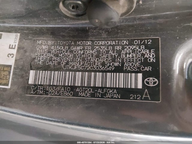 Продаж на аукціоні авто 2012 Scion Tc, vin: JTKJF5C72C3036549, номер лоту: 45701384