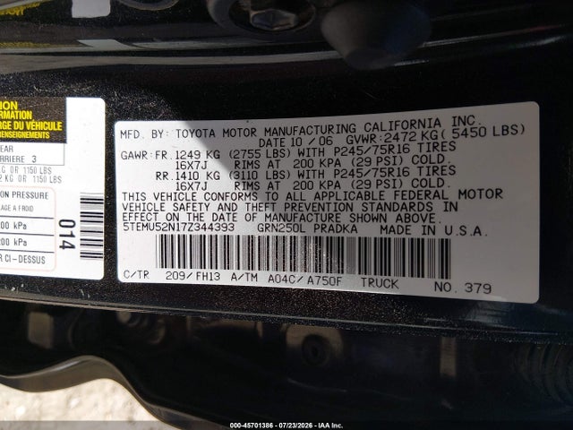 Aukcja sprzedaży 2007 Toyota Tacoma Base V6, vin: 5TEMU52N17Z344393, numer aukcji: 45701386