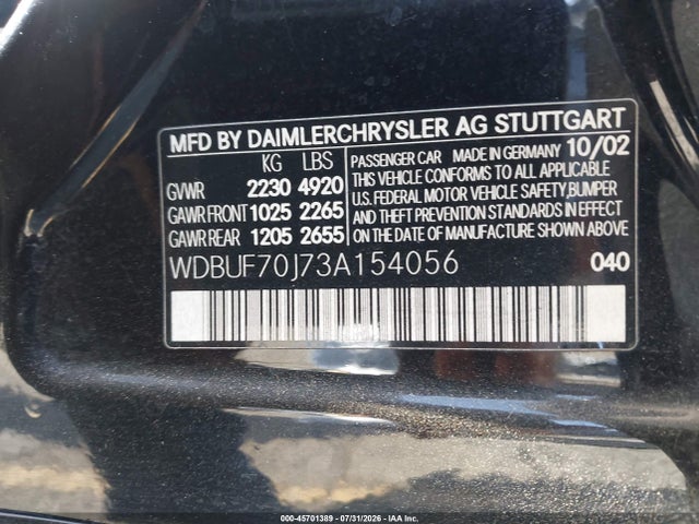 Aukcja sprzedaży 2003 Mercedes-benz E 500, vin: WDBUF70J73A154056, numer aukcji: 45701389