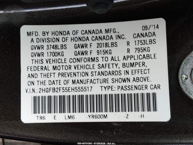 Honda Civic Lx 2014 2HGFB2F55EH555517 Image 9