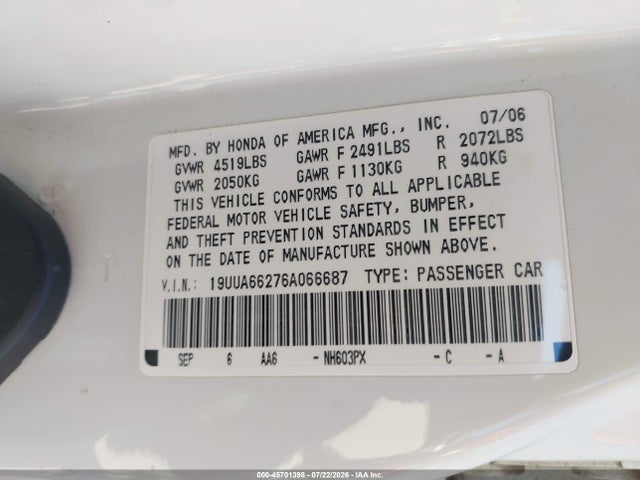 Продажа на аукционе авто 2006 Acura Tl, vin: 19UUA66276A066687, номер лота: 45701398
