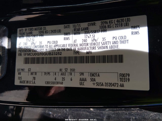 45701417 :رقم المزاد ، 1FMCU0G70GUB23252 vin ، 2016 Ford Escape Se مزاد بيع
