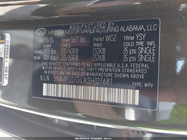 Aukcja sprzedaży 2025 Hyundai Santa Fe Sel, vin: 5NMP2DGLXSH127681, numer aukcji: 45701418