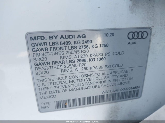 Auction sale of the 2021 Audi Q5 Prestige 45 Tfsi Quattro S Tronic, vin: WA1CAAFYXM2014604, lot number: 45701421