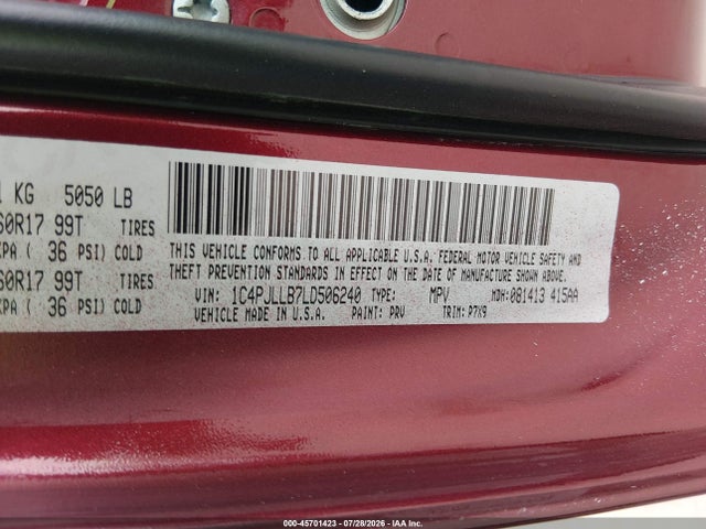 45701423 :رقم المزاد ، 1C4PJLLB7LD506240 vin ، 2020 Jeep Cherokee Latitude Plus Fwd مزاد بيع