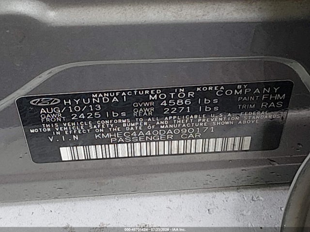 2013 Hyundai Sonata Hybrid Limited მანქანა იყიდება აუქციონზე, vin: KMHEC4A40DA090171, აუქციონის ნომერი: 45701424