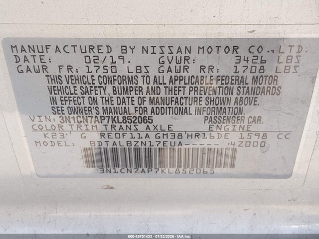Aukcja sprzedaży 2019 Nissan Versa 1.6 Sv, vin: 3N1CN7AP7KL852065, numer aukcji: 45701433
