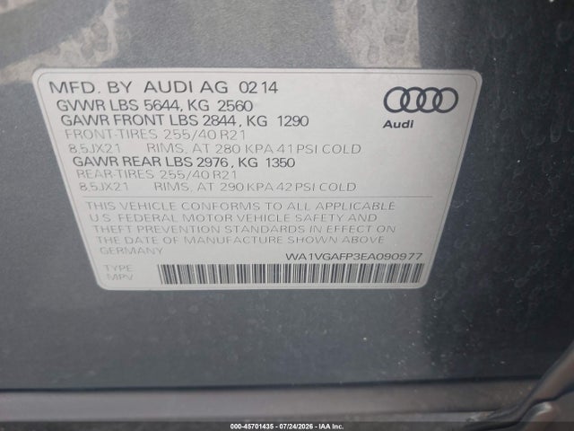 2014 Audi Sq5 3.0t Premium Plus მანქანა იყიდება აუქციონზე, vin: WA1VGAFP3EA090977, აუქციონის ნომერი: 45701435