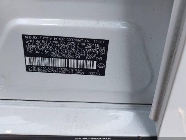 Aukcja sprzedaży 2011 Lexus Is 250, vin: JTHCF5C28B5047061, numer aukcji: 45701442