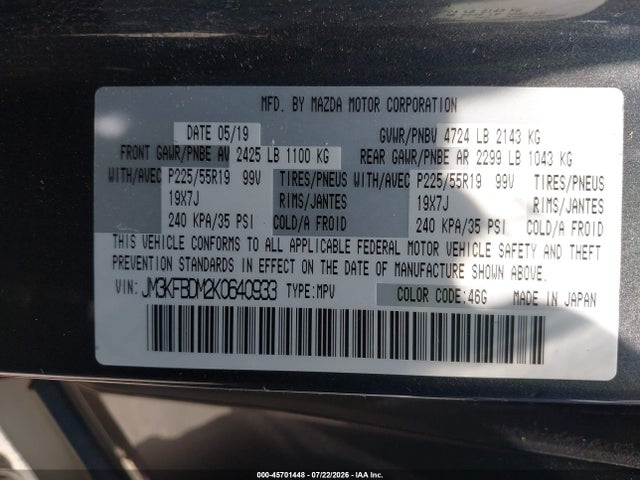 Aukcja sprzedaży 2019 Mazda Cx-5 Grand Touring, vin: JM3KFBDM2K0640933, numer aukcji: 45701448