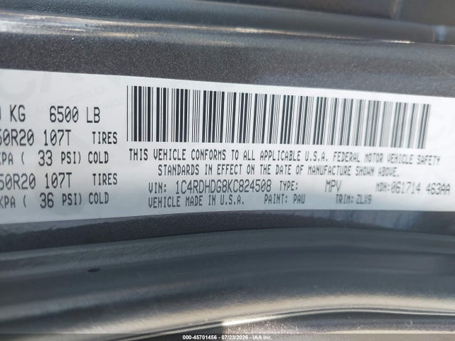 Продаж на аукціоні авто 2019 Dodge Durango Gt Plus Rwd, vin: 1C4RDHDG8KC824508, номер лоту: 45701456