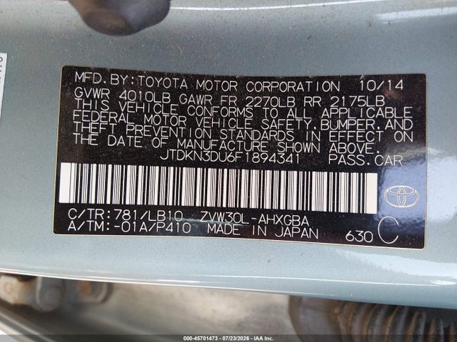 45701473 :رقم المزاد ، JTDKN3DU6F1894341 vin ، 2015 Toyota Prius Four مزاد بيع