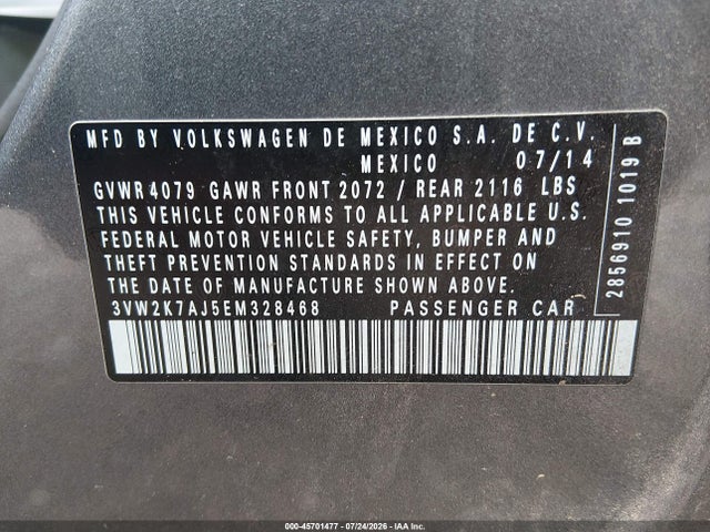 2014 Volkswagen Jetta 2.0l S მანქანა იყიდება აუქციონზე, vin: 3VW2K7AJ5EM328468, აუქციონის ნომერი: 45701477