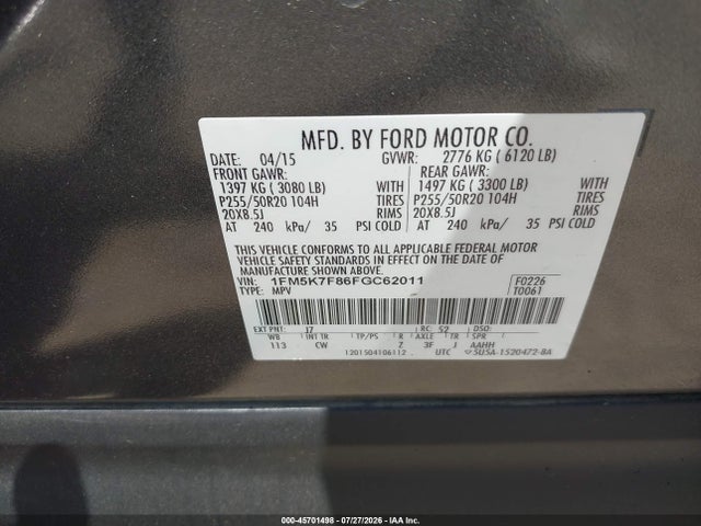 Aukcja sprzedaży 2015 Ford Explorer Limited, vin: 1FM5K7F86FGC62011, numer aukcji: 45701498