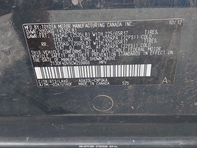45701499 :رقم المزاد ، 2T3DF4DVXCW259866 vin ، 2012 Toyota Rav4 Limited مزاد بيع