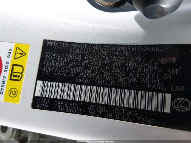 Продажа на аукционе авто 2016 Lexus Es 350, vin: 58ABK1GG9GU017561, номер лота: 45701500