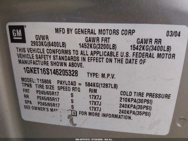 Продажа на аукционе авто 2004 Gmc Envoy Xl Sle, vin: 1GKET16S146205328, номер лота: 45701515