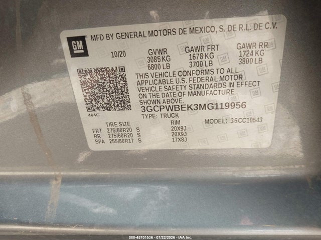 Продаж на аукціоні авто 2021 Chevrolet Silverado 1500 2wd  Short Bed Custom, vin: 3GCPWBEK3MG119956, номер лоту: 45701536