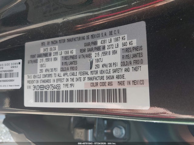 45701543 :رقم المزاد ، 3MVDMBBM4SM754468 vin ، 2025 Mazda Cx-30 2.5 S Select Sport مزاد بيع