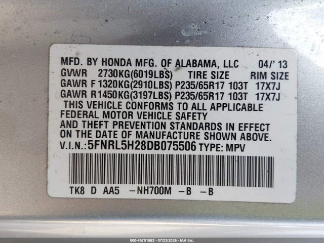 Продаж на аукціоні авто 2013 Honda Odyssey Lx, vin: 5FNRL5H28DB075506, номер лоту: 45701562