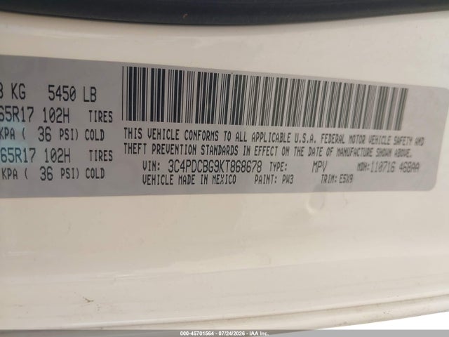 Aukcja sprzedaży 2019 Dodge Journey Se, vin: 3C4PDCBG9KT868678, numer aukcji: 45701564