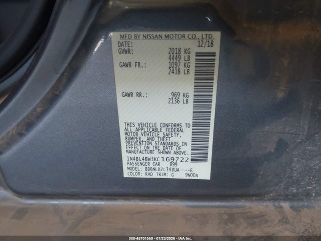 2019 Nissan Altima 2.5 S მანქანა იყიდება აუქციონზე, vin: 1N4BL4BW3KC169722, აუქციონის ნომერი: 45701569