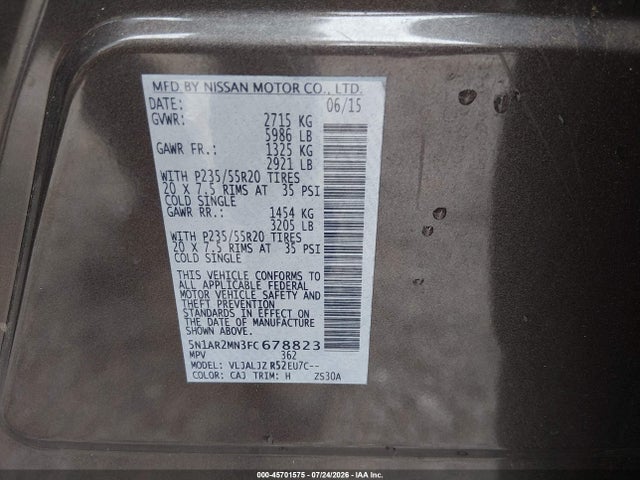 Продаж на аукціоні авто 2015 Nissan Pathfinder Platinum, vin: 5N1AR2MN3FC678823, номер лоту: 45701575