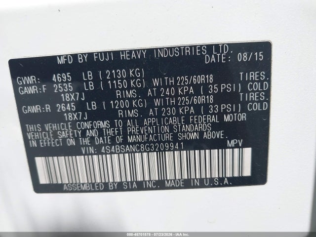 45701578 :رقم المزاد ، 4S4BSANC8G3209941 vin ، 2016 Subaru Outback 2.5i Limited مزاد بيع