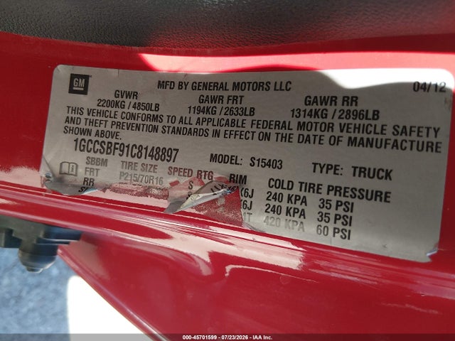 Продажа на аукционе авто 2012 Chevrolet Colorado Work Truck, vin: 1GCCSBF91C8148897, номер лота: 45701599