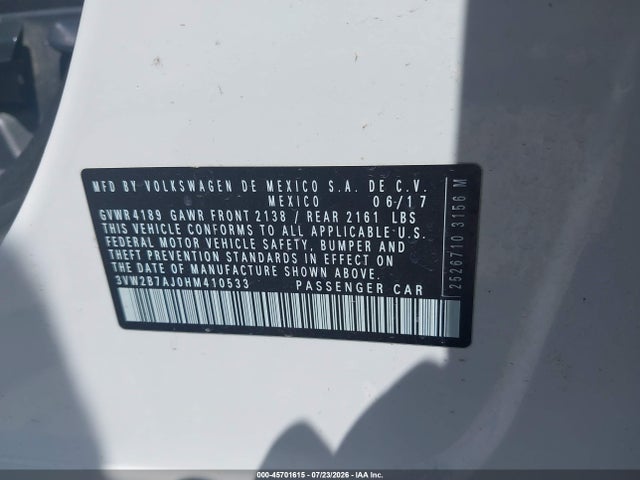 45701615 :رقم المزاد ، 3VW2B7AJ0HM410533 vin ، 2017 Volkswagen Jetta 1.4t S مزاد بيع
