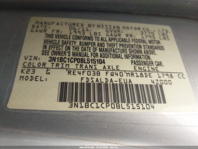 2011 Nissan Versa 1.8s მანქანა იყიდება აუქციონზე, vin: 3N1BC1CP0BL515104, აუქციონის ნომერი: 45701625