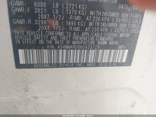 Aukcja sprzedaży 2022 Subaru Ascent Touring, vin: 4S4WMARD0N3433779, numer aukcji: 45701626