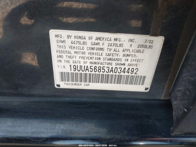 45701634 :رقم المزاد ، 19UUA56853A034492 vin ، 2003 Acura Tl 3.2 Type S مزاد بيع