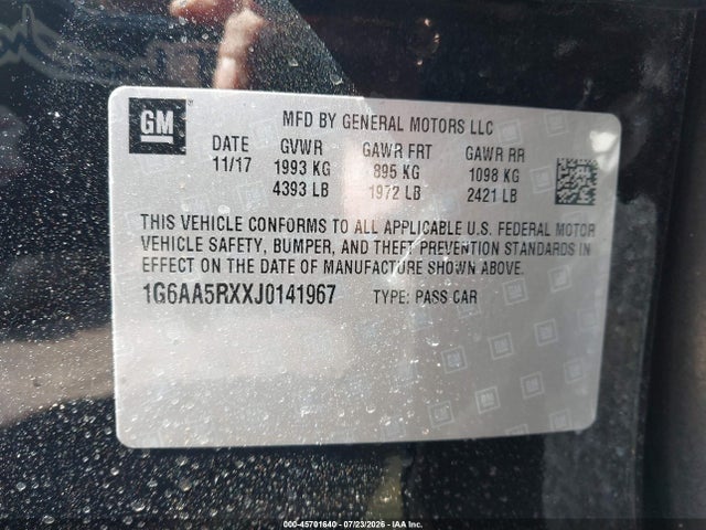 45701640 :رقم المزاد ، 1G6AA5RXXJ0141967 vin ، 2018 Cadillac Ats Standard مزاد بيع