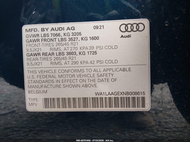 Aukcja sprzedaży 2022 Audi E-tron Premium Plus Quattro, vin: WA1LAAGEXNB008615, numer aukcji: 45701650