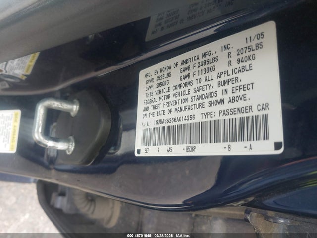 Aukcja sprzedaży 2006 Acura Tl, vin: 19UUA66266A014256, numer aukcji: 45701649