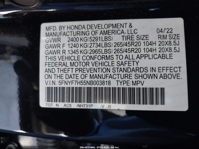 5FNYF7H55NB003818 Honda Passport 2wd Ex-l