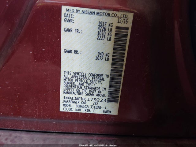 Nissan Altima 2.5 S 2017 1N4AL3AP1HC179223 Image 9