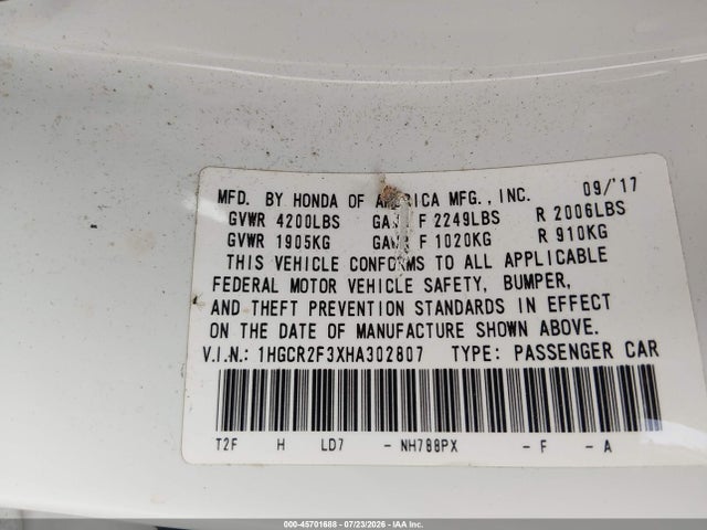 Honda ACCORD LX 2017 1HGCR2F3XHA302807 Image 9