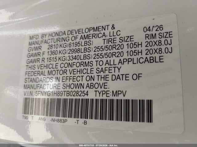 Продажа на аукционе авто 2026 Honda Pilot Elite, vin: 5FNYG1H89TB028254, номер лота: 45701703