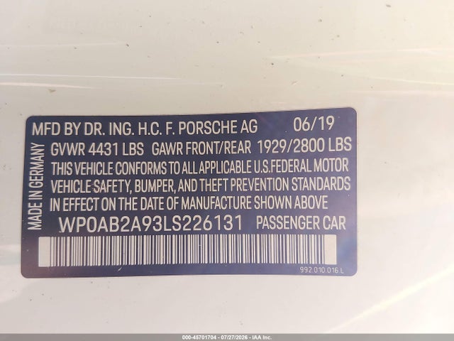 Продаж на аукціоні авто 2020 Porsche 911 Carrera 4s, vin: WP0AB2A93LS226131, номер лоту: 45701704